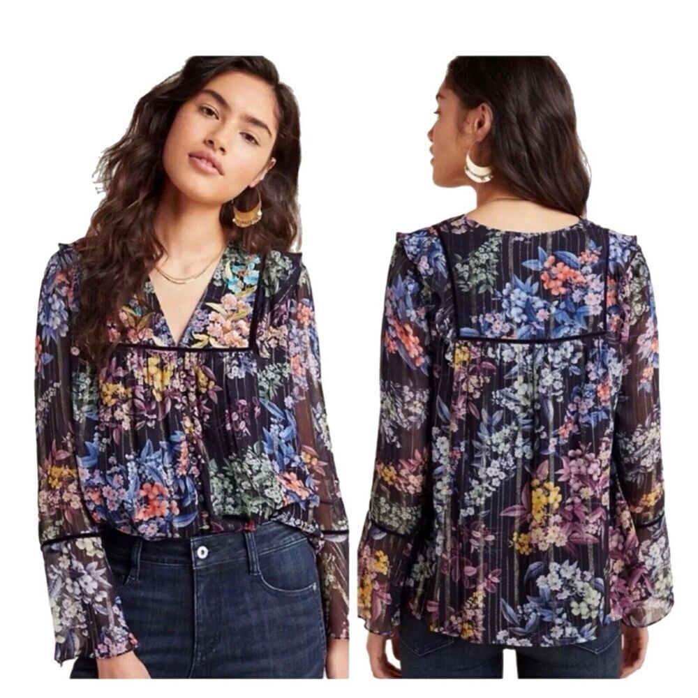 VINEET BAHL Anthropologie Vivienne Embroidered Black Metallic Blouse XS Floral